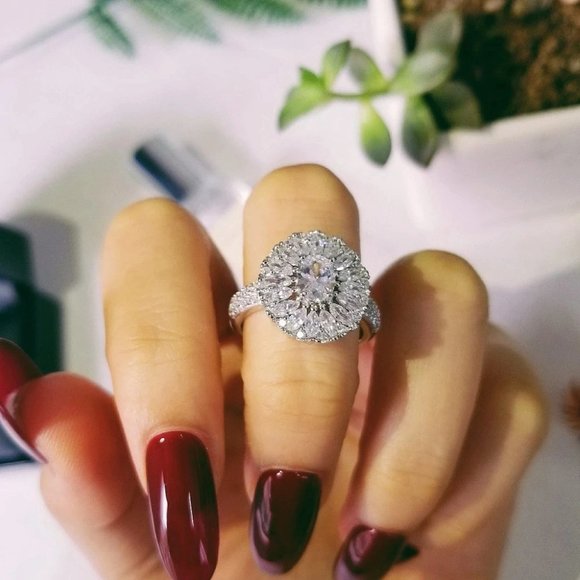 NEW 925 Sterling Silver Oval Diamond Halo Ring - Picture 2 of 5